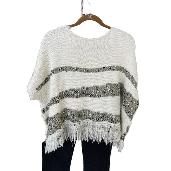 Moth By anthropologie crew neck metallic fringe‎ poncho sweater Size large - Picture 2 of 7